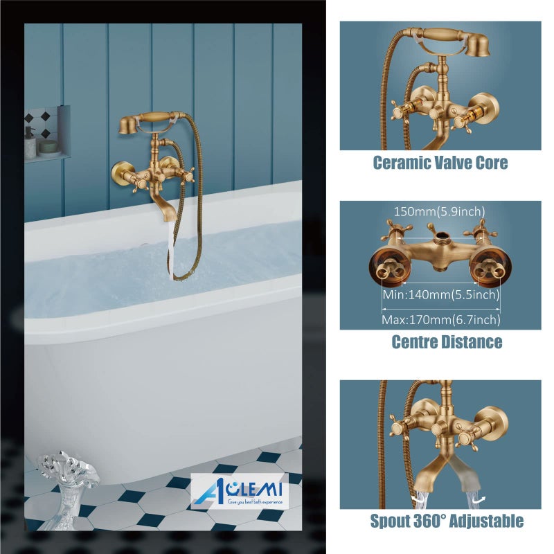 Aolemi Wall Mount Bathtub Faucet with Handheld Sprayer Antique Brass Tub Shower Faucet Vintage Double Cross Handle Swivel Spout Mixer Tap for Bathroom Telephone Shaped Shower Kit - Image 5